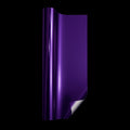 Roll of glossy metallic purple automotive styling film shown against a solid black background, with the bottom corner peeled back to reveal the white backing. Vibrant purple vinyl wrap featuring a reflective metallic finish for custom vehicle styling.